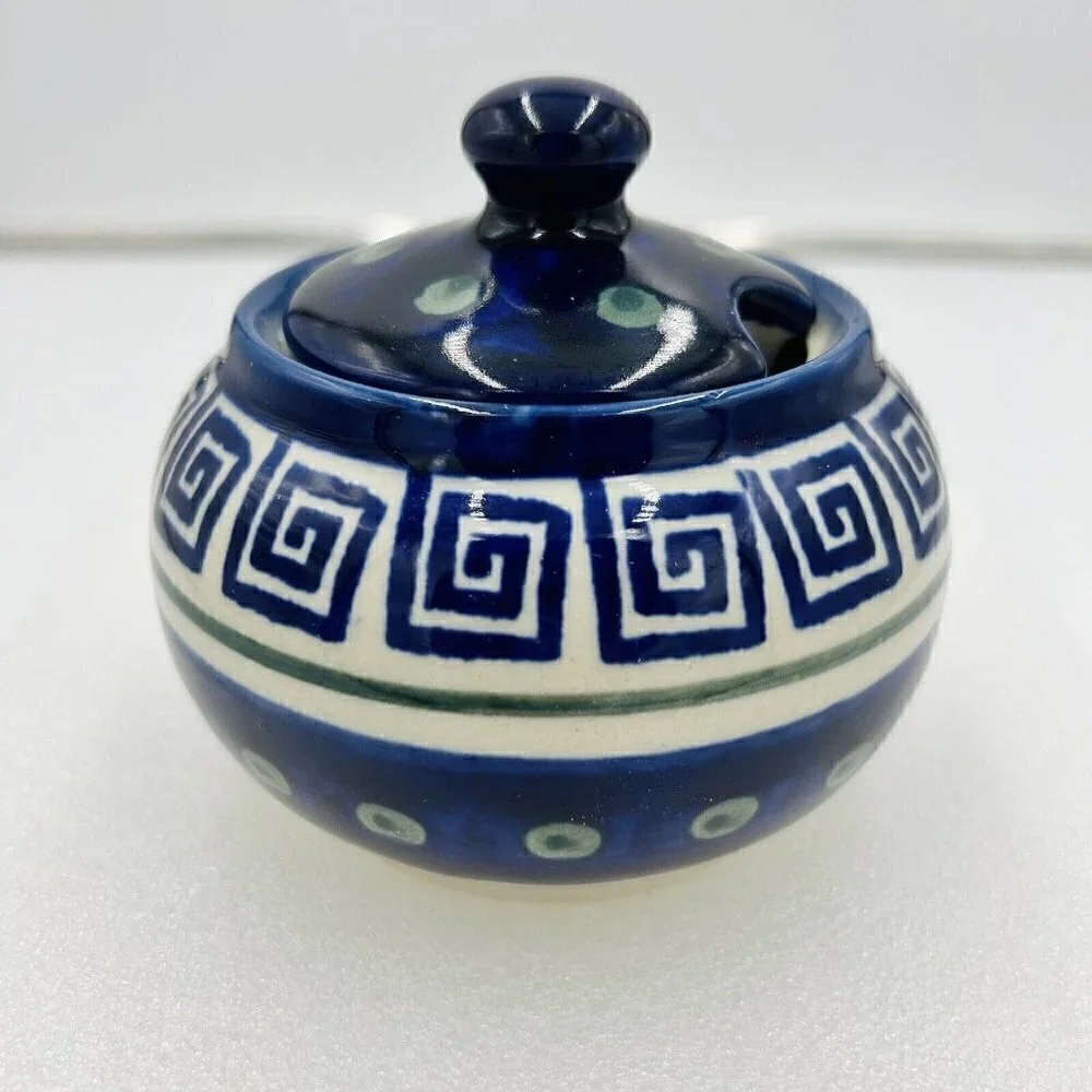 Boleslawiec Polish Pottery Hand Painted Greek Key Pattern Sugar/Jam Bowl w/Lid